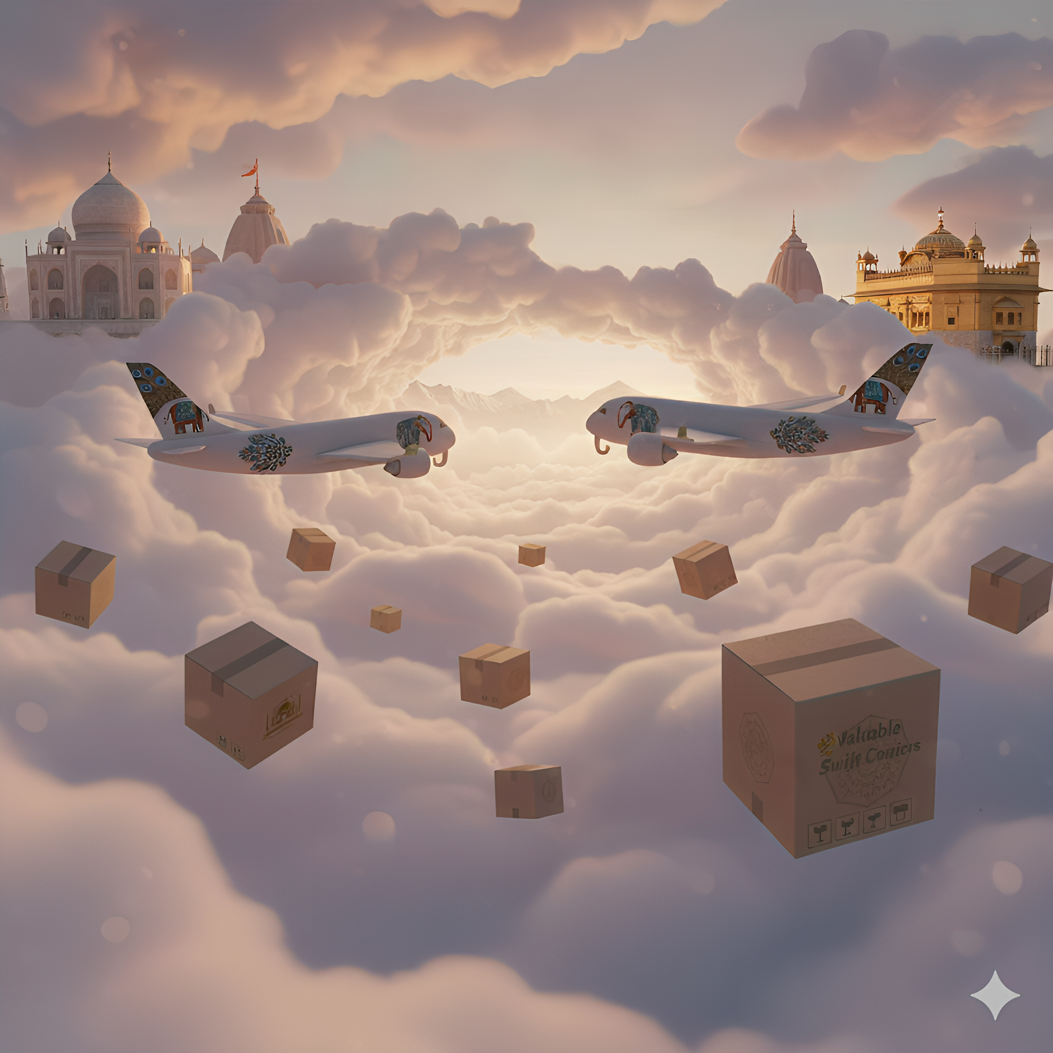 Air cargo logistics with planes and packages in clouds